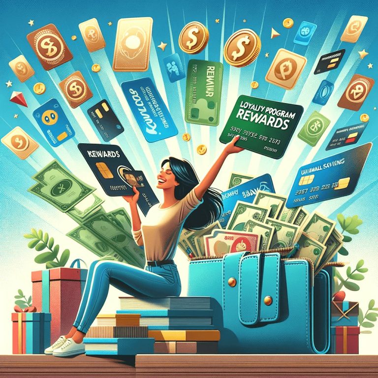 Animated woman triumphantly holding up a rewards card amidst a whirlwind of loyalty program rewards, cash, and credit cards, representing smart financial gains from savvy shopping.