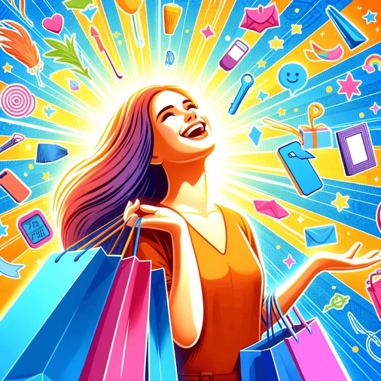 Radiant woman with shopping bags, basking in the delight of retail therapy, with whimsical icons of consumer happiness swirling around her.
