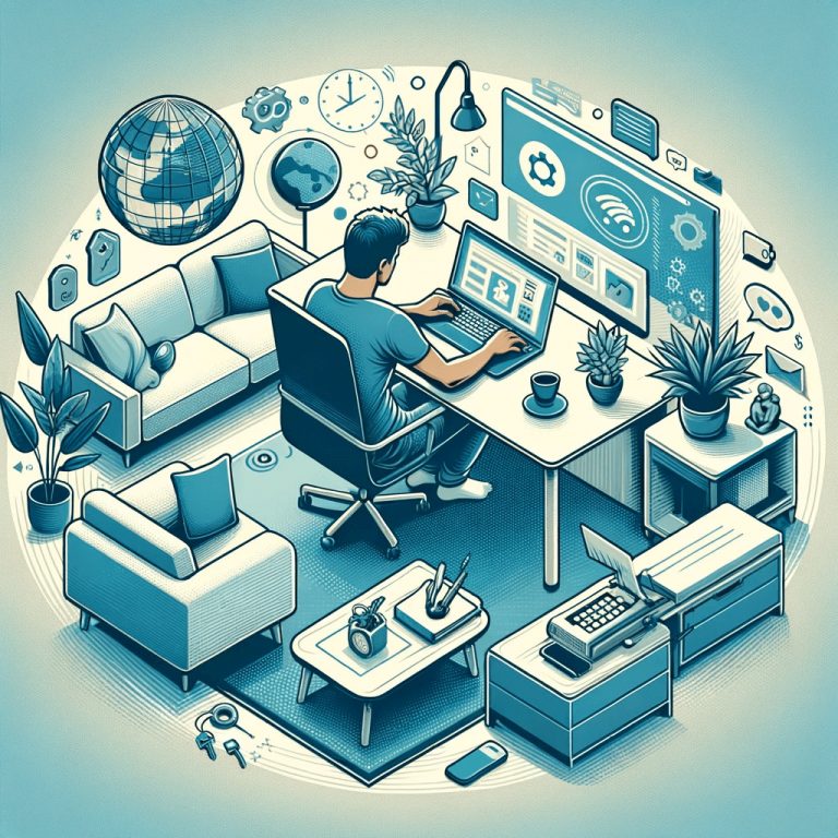 Man working from home in a well-organized workspace, surrounded by technology and productivity icons, encapsulating the modern remote work lifestyle.
