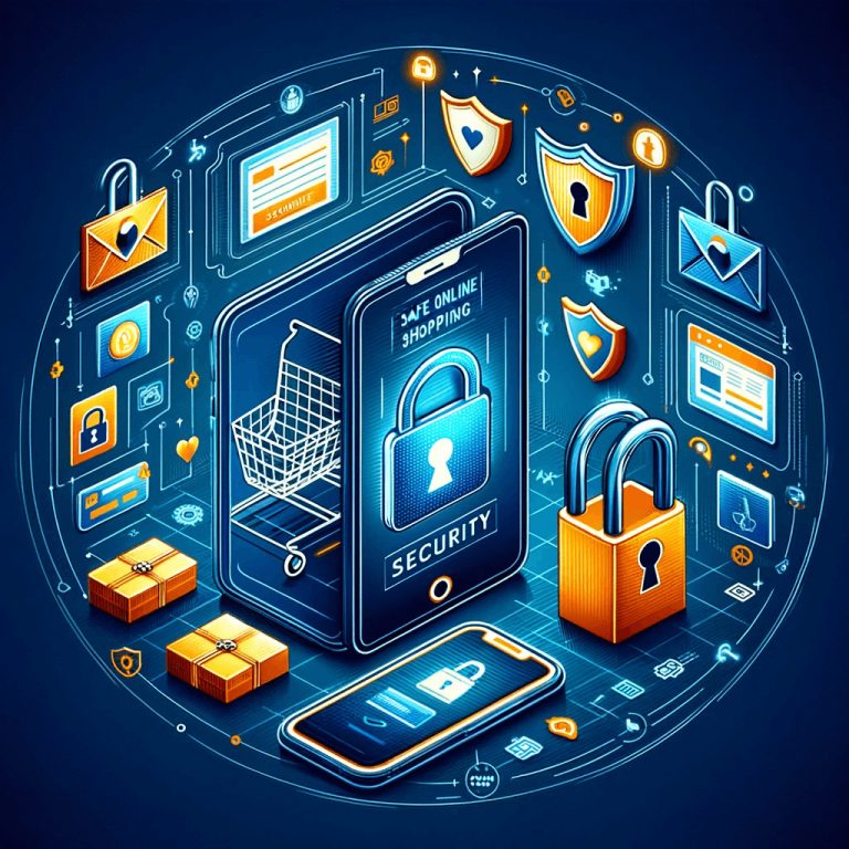 Vivid digital illustration of cybersecurity for online shopping, featuring a smartphone with a security lock icon and surrounding protective symbols like shields and encrypted data.