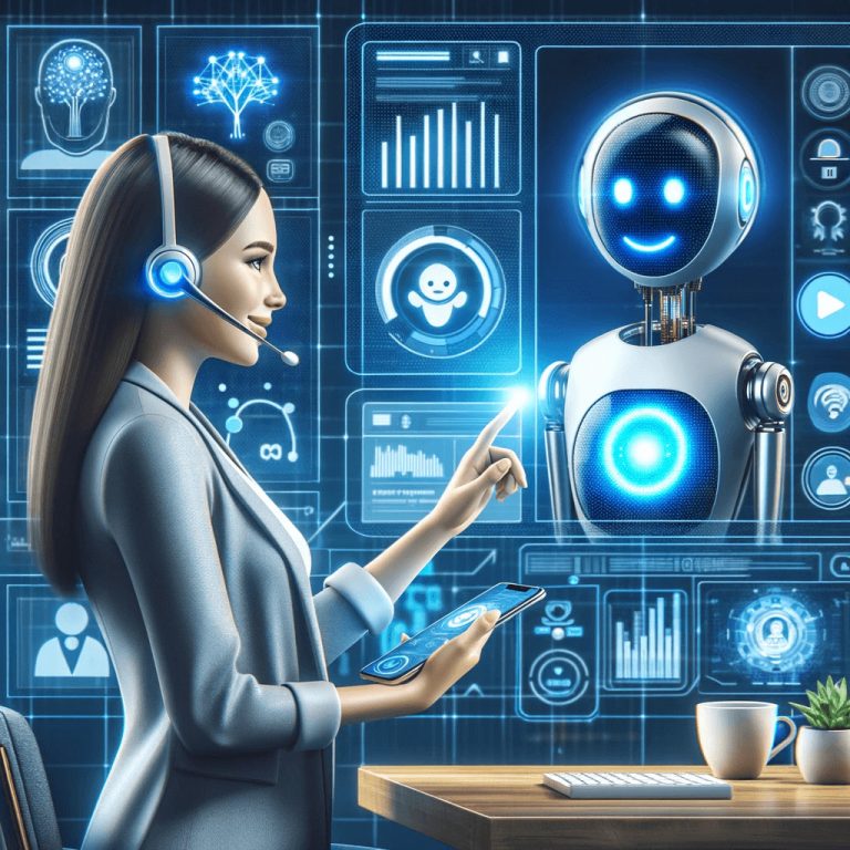Futuristic representation of AI virtual assistant technology in customer service, with a female operator and a friendly robot surrounded by data analytics and customer satisfaction metrics.