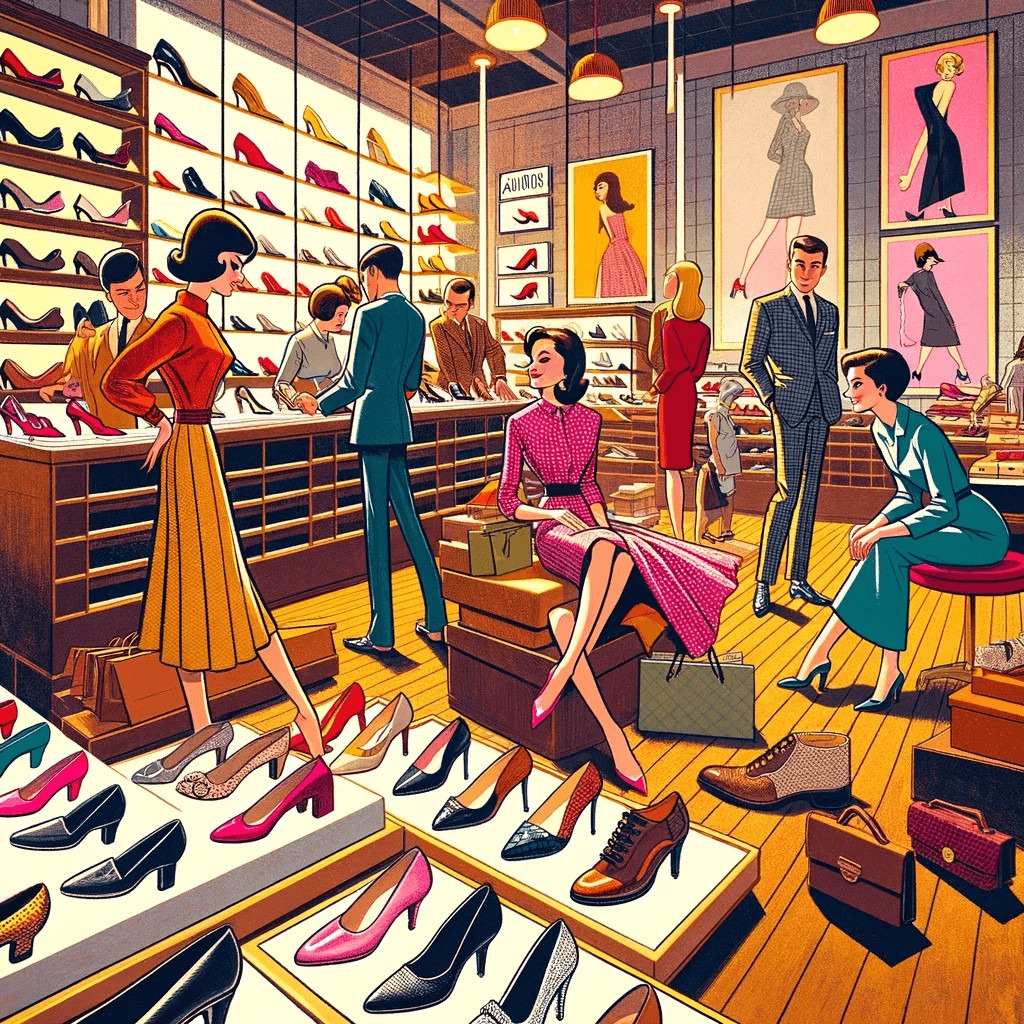Colorful vintage-style illustration of a bustling shoe store with customers trying on various styles, and sales assistants providing service, capturing the essence of classic retail experience for the DSW return policy page.