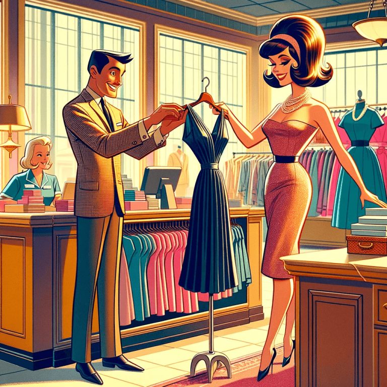 1960s-inspired illustration of a woman trying on a dress with assistance from a smiling salesman, in a Lane Bryant-like clothing store, capturing a friendly and stylish shopping experience.