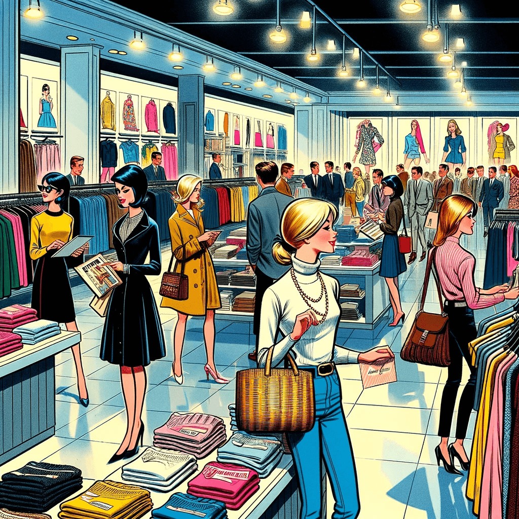 Colorful 1960s-style illustration of shoppers browsing through an Abercrombie & Fitch-like clothing store, with detailed depictions of classic fashion and a vibrant atmosphere.