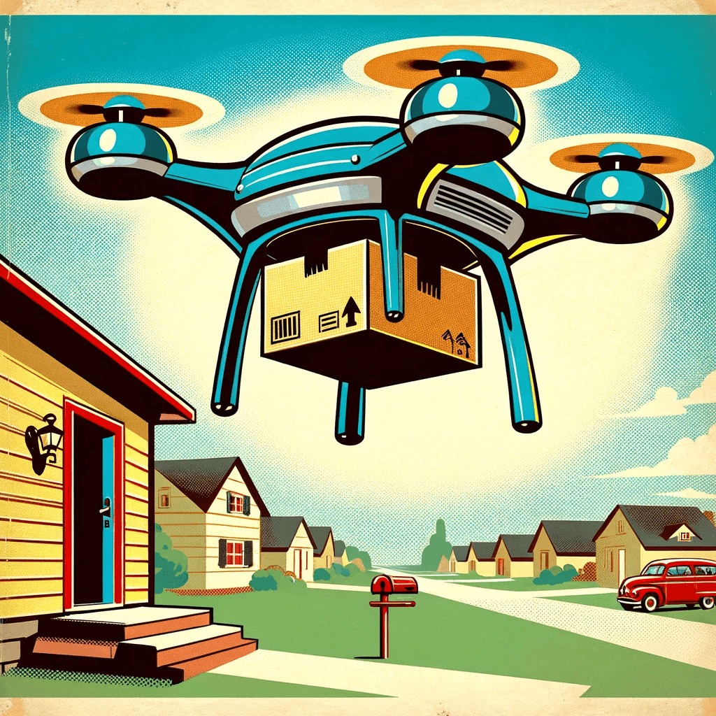 Retro-futuristic illustration of a drone delivering a package, set in a quaint neighborhood, symbolizing Amazon's innovative approach to shipping and returns.