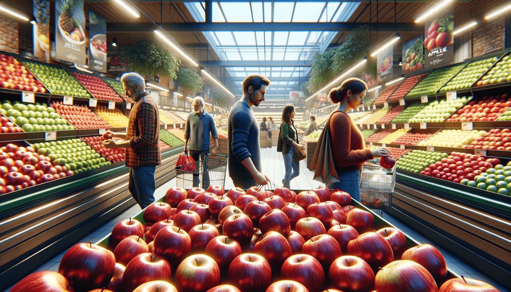 Shoppers selecting fresh produce at a Kroger grocery store, with a focus on the vibrant apple display under the bright store lighting.