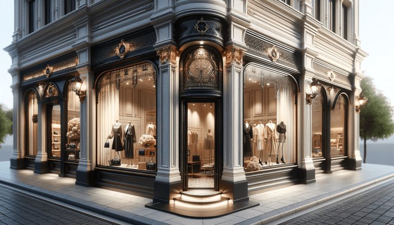 Luxurious Ann Taylor boutique facade at dusk, showcasing sophisticated window displays with high-end fashion items, inviting shoppers into the elegant interior.