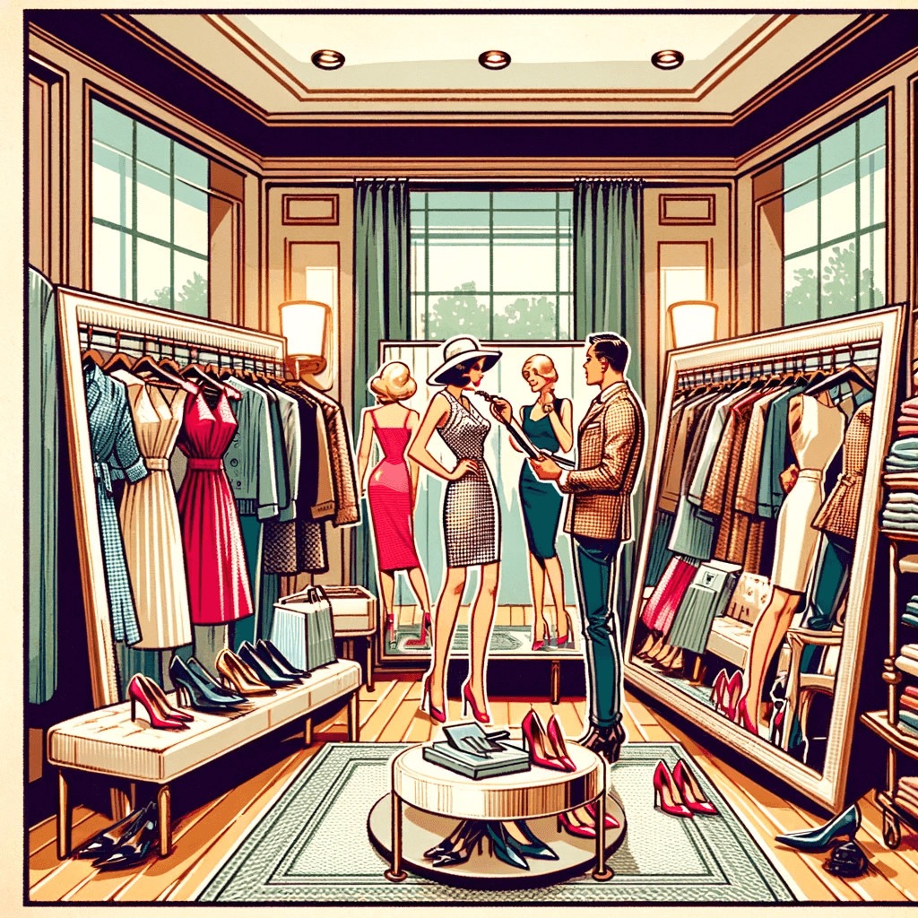 Illustrated scene inside a J.Crew-like boutique with customers trying on clothes and consulting with a salesperson, surrounded by racks of stylish outfits and elegant footwear.