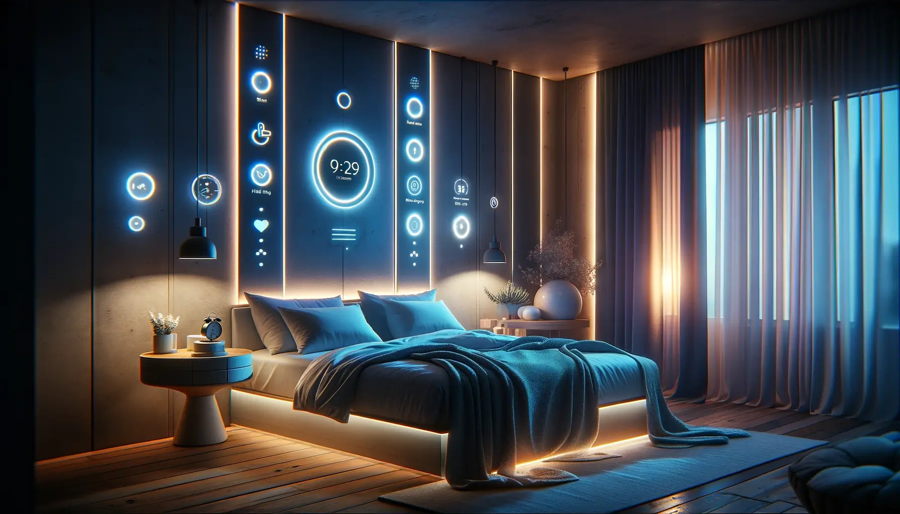 A modern bedroom with smart home technology, featuring a bed with health monitoring functions and ambient wall displays showing time and wellness stats.