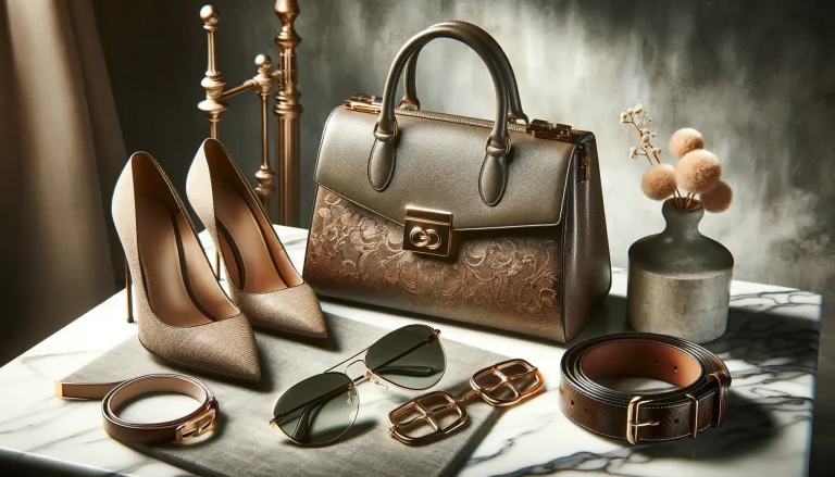 Elegant fashion essentials displayed on a marble surface, including gold-toned high heels, a designer handbag with floral embossment, aviator sunglasses, and a leather belt.