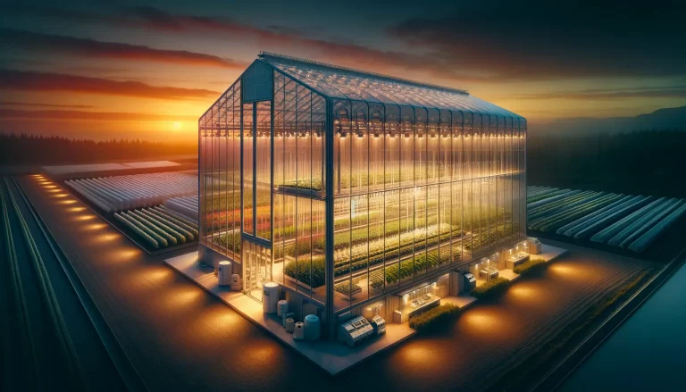 Modern greenhouse glowing at dusk, equipped with advanced agricultural technology, surrounded by neatly organized crop fields.