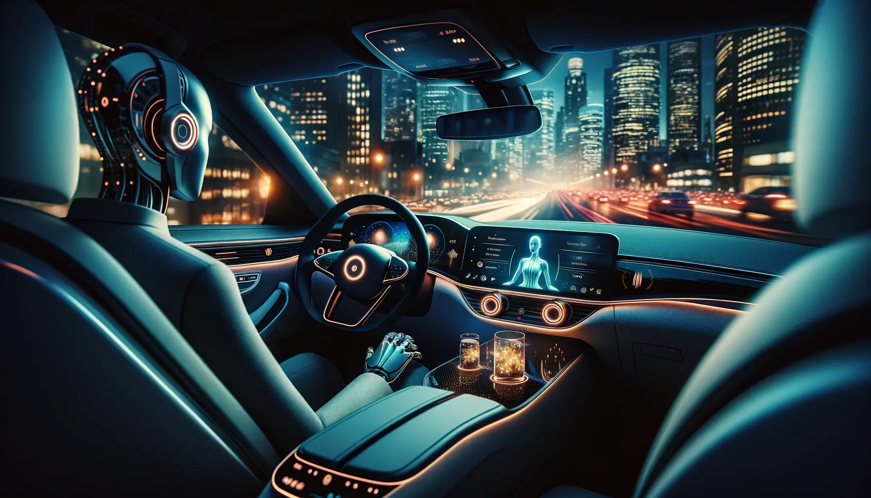 Futuristic car interior with an AI robot driver, interactive holographic display, and ambient lighting, showcasing advanced technology in a city night setting.