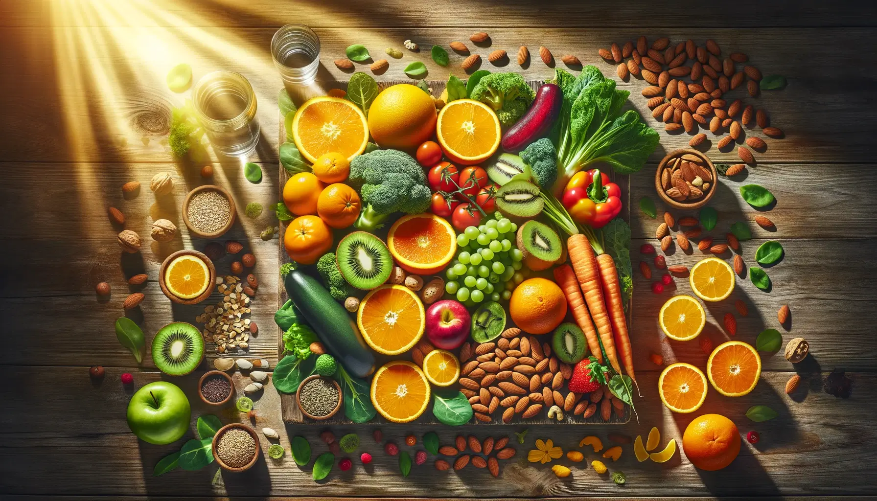 An array of fresh fruits, vegetables, nuts, and seeds rich in vitamins for healthy skin and hair, illuminated by sunlight on a wooden table.