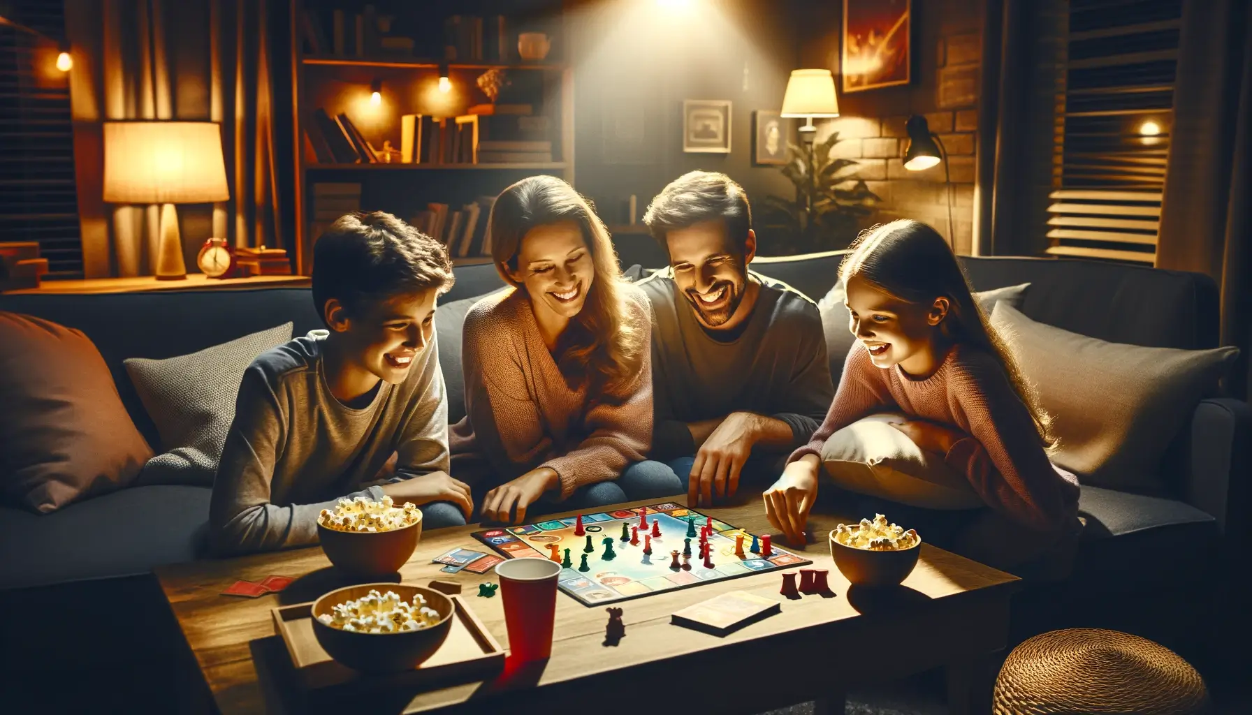 A family enjoys a board game during family game night, with joyful expressions around a table laden with game pieces and snacks in a warmly lit living room.
