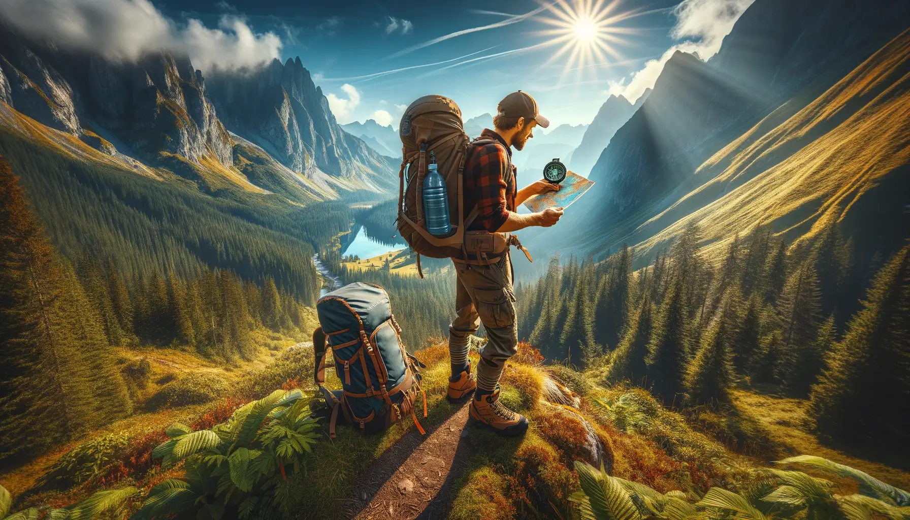 A hiker equipped with essential outdoor gear including a large backpack, compass, and map, standing on a mountain trail with a breathtaking view of sunlit peaks and lush valleys.