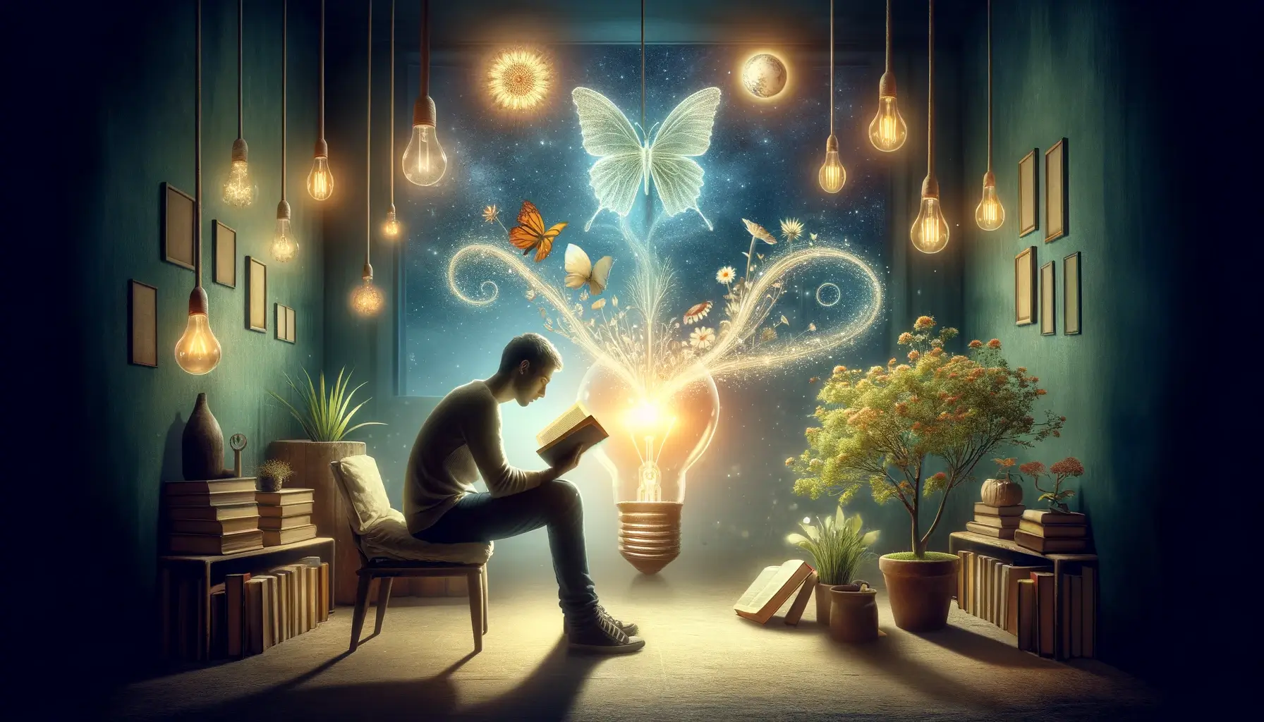 A person engrossed in reading a book with an illustrated light bulb above, emitting a creative burst of energy with butterflies, plants, and celestial bodies, symbolizing transformative ideas in a cozy reading nook.