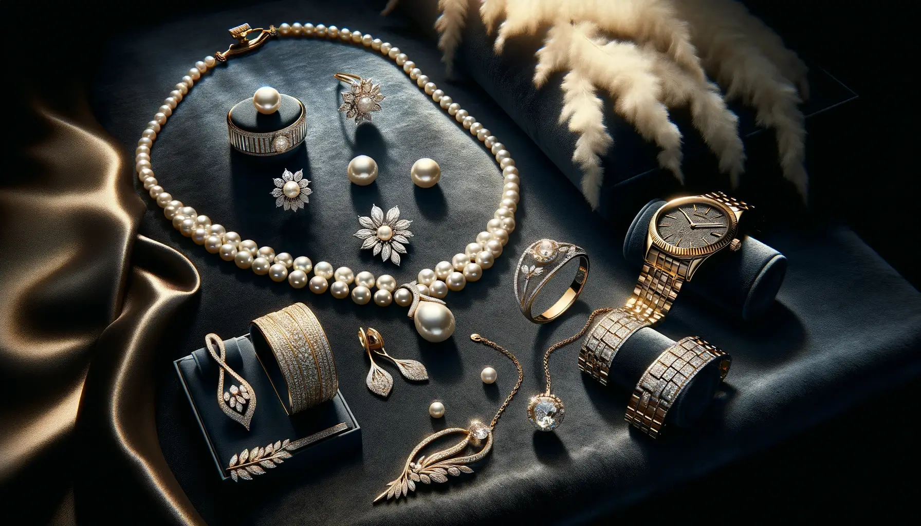 A luxurious selection of jewelry including a pearl necklace, diamond-encrusted earrings, rings, a bangle, a leaf-shaped brooch, and a gold watch, elegantly displayed on a dark velvet background with a satin fabric accent.