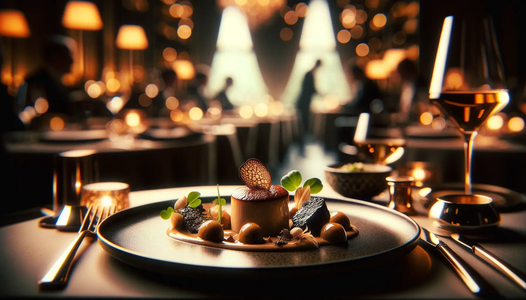 Gourmet dining experience with an exquisitely plated dessert surrounded by elegant tableware, highlighted by ambient lighting and a backdrop of a sophisticated restaurant setting.