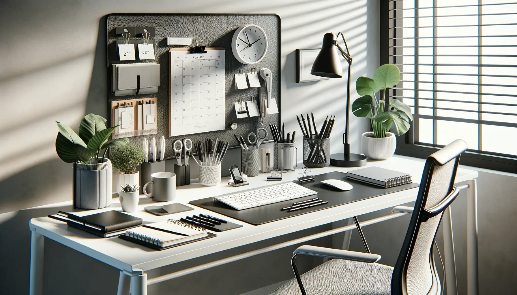 A neatly organized modern office desk with essential supplies including a calendar, plants, stationery, an ergonomic chair, and a computer keyboard, all bathed in natural light from a window with blinds.