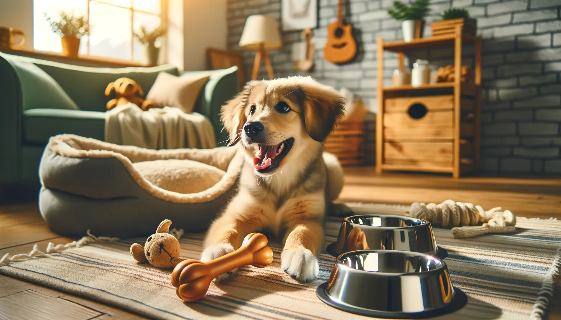 Happy puppy with essential pet supplies in a cozy home setting, including chew toys, a dog bed, and food bowls.