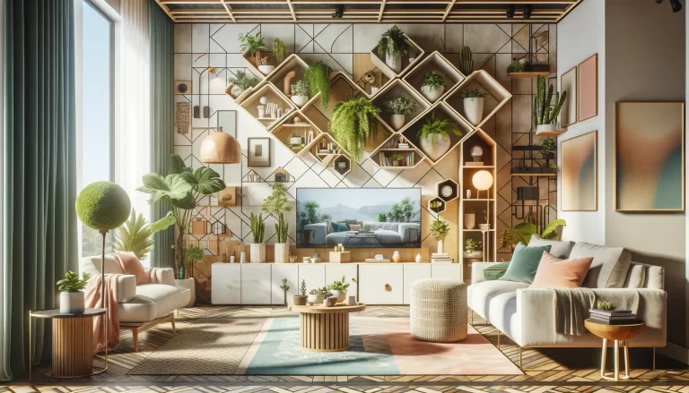 Chic living room decorated with the top home decor trends of 2024, featuring geometric shelving with plants, modern furniture, and soft, pastel accents.