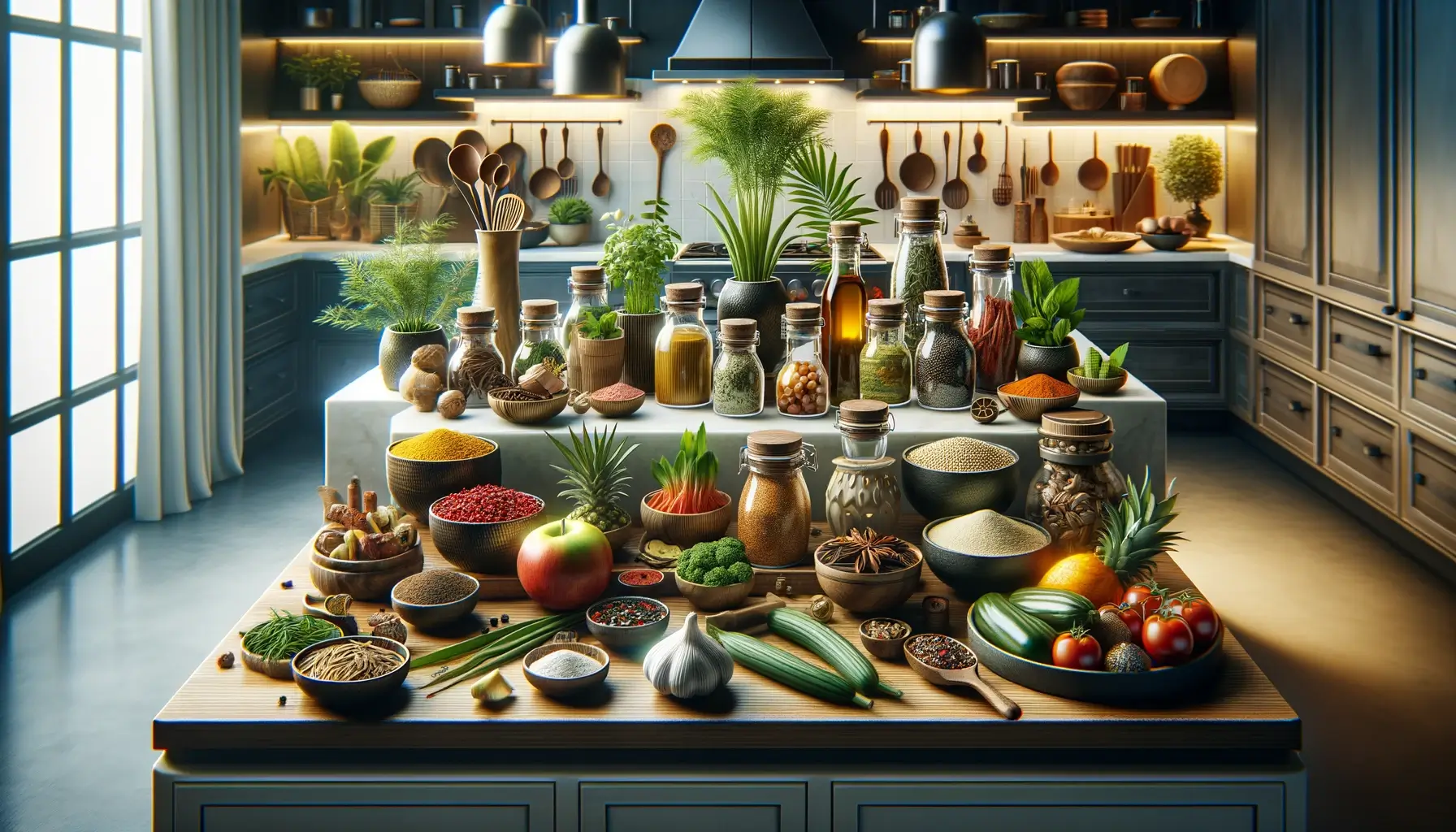Array of exotic ingredients on a kitchen island, with various spices, herbs, and fresh produce arranged neatly against a backdrop of dark cabinets and culinary utensils.