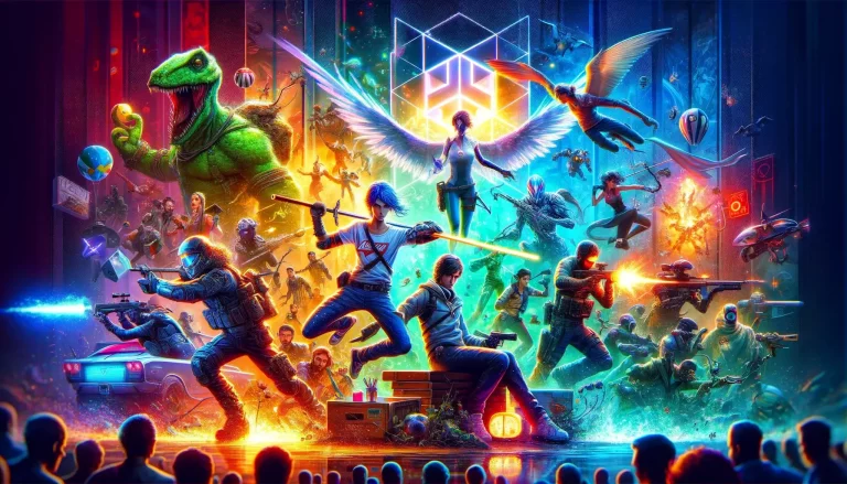 An electrifying scene filled with characters and elements from the top video game releases of 2024, displaying a vibrant array of action, from fantastical creatures to futuristic battles, in front of an enthralled audience.