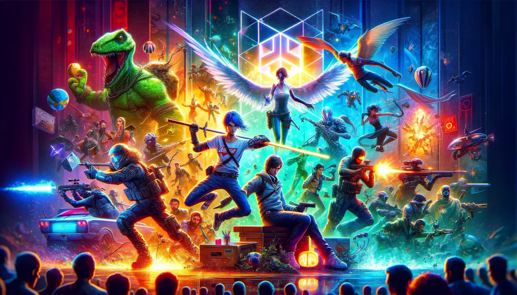 An electrifying scene filled with characters and elements from the top video game releases of 2024, displaying a vibrant array of action, from fantastical creatures to futuristic battles, in front of an enthralled audience.
