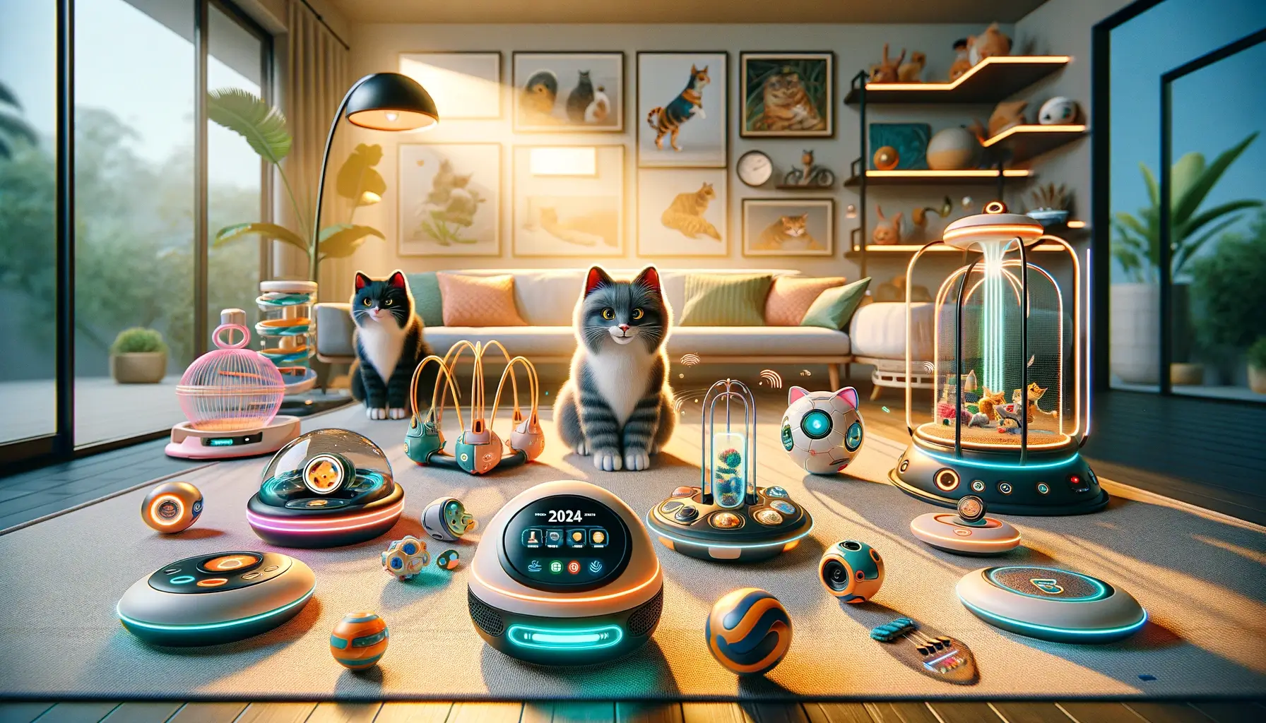 A collection of the top 5 innovative cat toys of 2024 displayed in a sunny, modern living room, with playful cats engaging with high-tech gadgets and interactive devices.