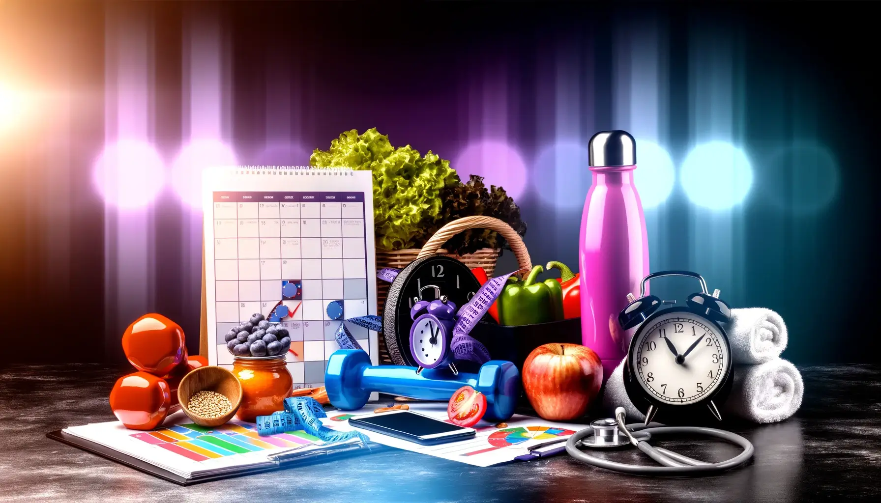 A carefully arranged collection of health and fitness items including dumbbells, fresh produce, a water bottle, measuring tape, alarm clock, and a calendar with graphs, symbolizing a balanced approach to a busy lifestyle.