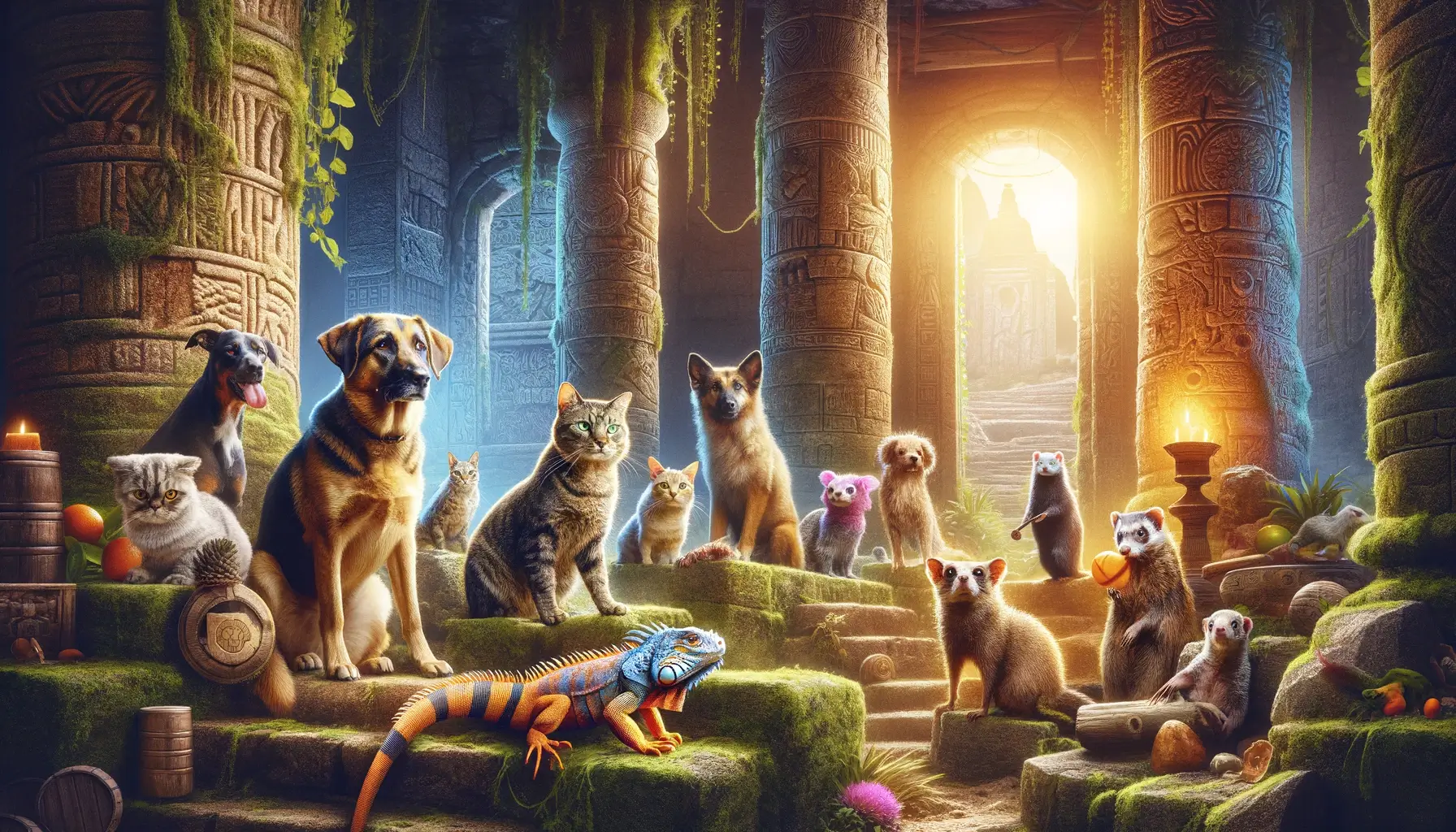 A diverse assembly of pets, including dogs, cats, ferrets, and an iguana, set in an ancient, vine-entwined temple, bathed in the golden light of adventure.