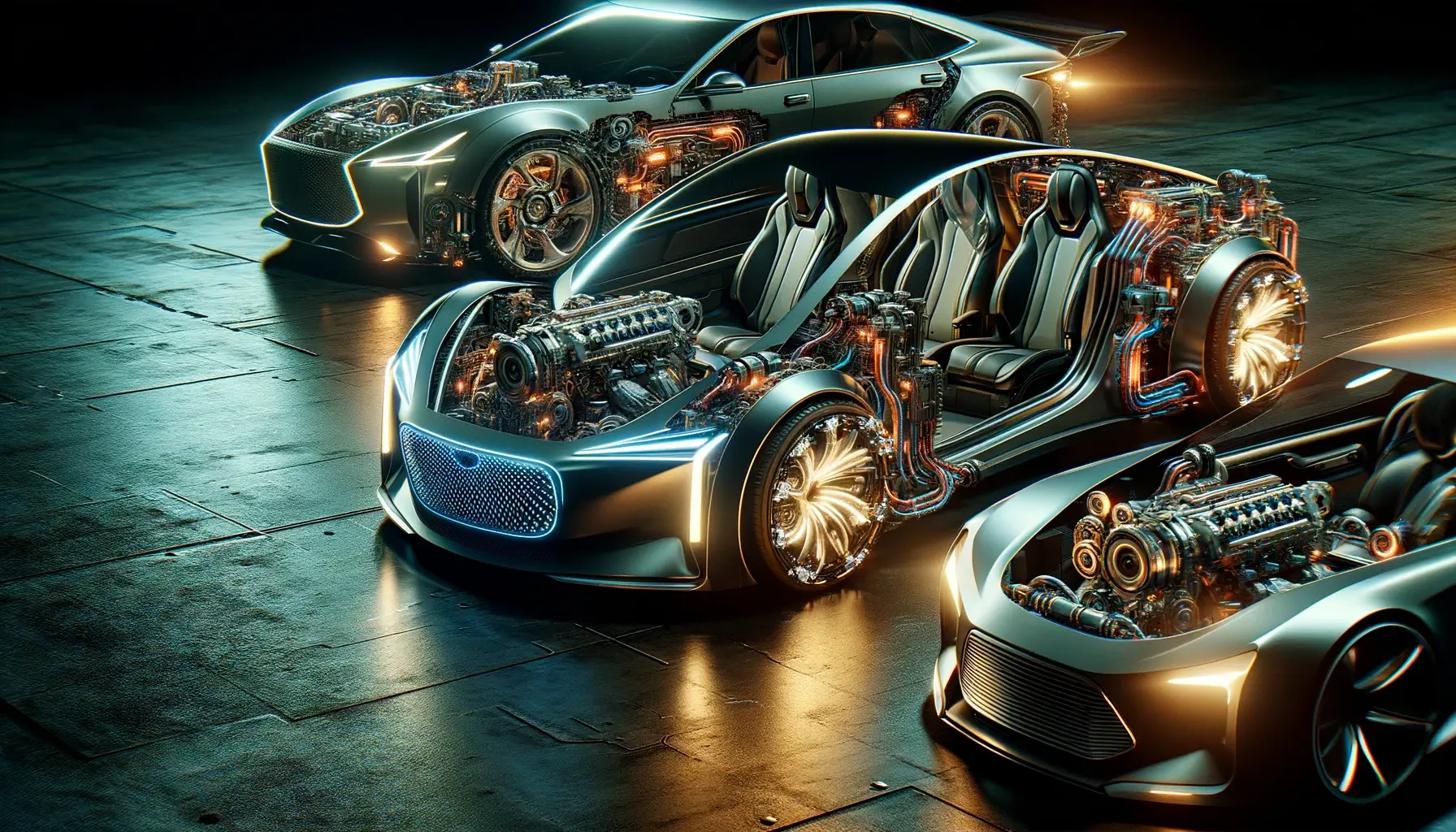 A trio of futuristic cars with transparent chassis revealing intricate hybrid engines, showcased on a dimly lit showroom floor, reflecting advanced automotive engineering and design.
