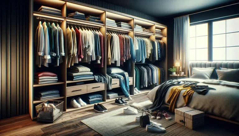A well-organized bedroom wardrobe showcases a selection of fashionable clothing and shoes, with natural light streaming through the window, reflecting a stylish and strategic approach to wardrobe management.