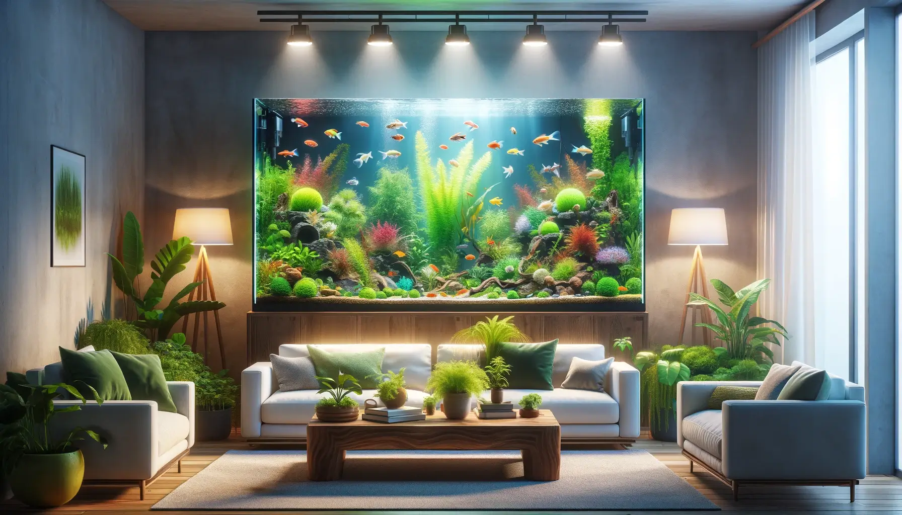 An inviting living room centered around a large, vibrant freshwater aquarium full of colorful fish and lush aquatic plants, creating a peaceful and harmonious indoor oasis.