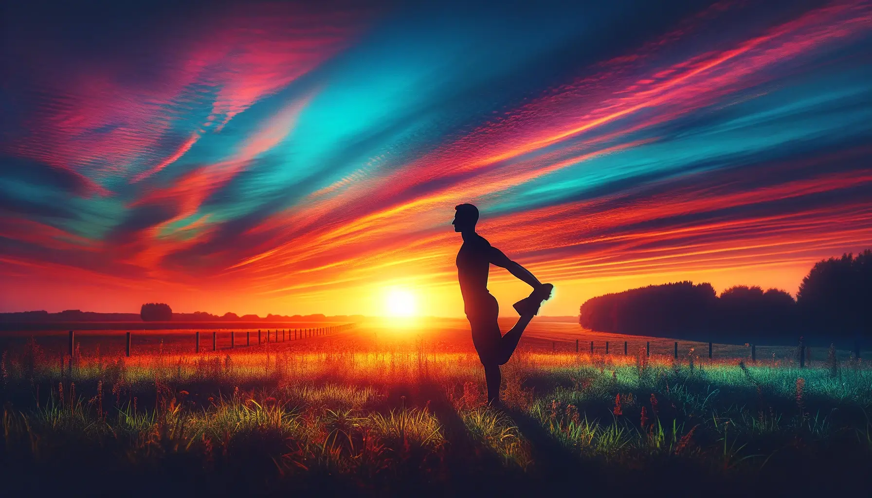 Silhouette of an individual stretching in a yoga pose during a breathtaking sunset in an open field, symbolizing peaceful outdoor fitness.