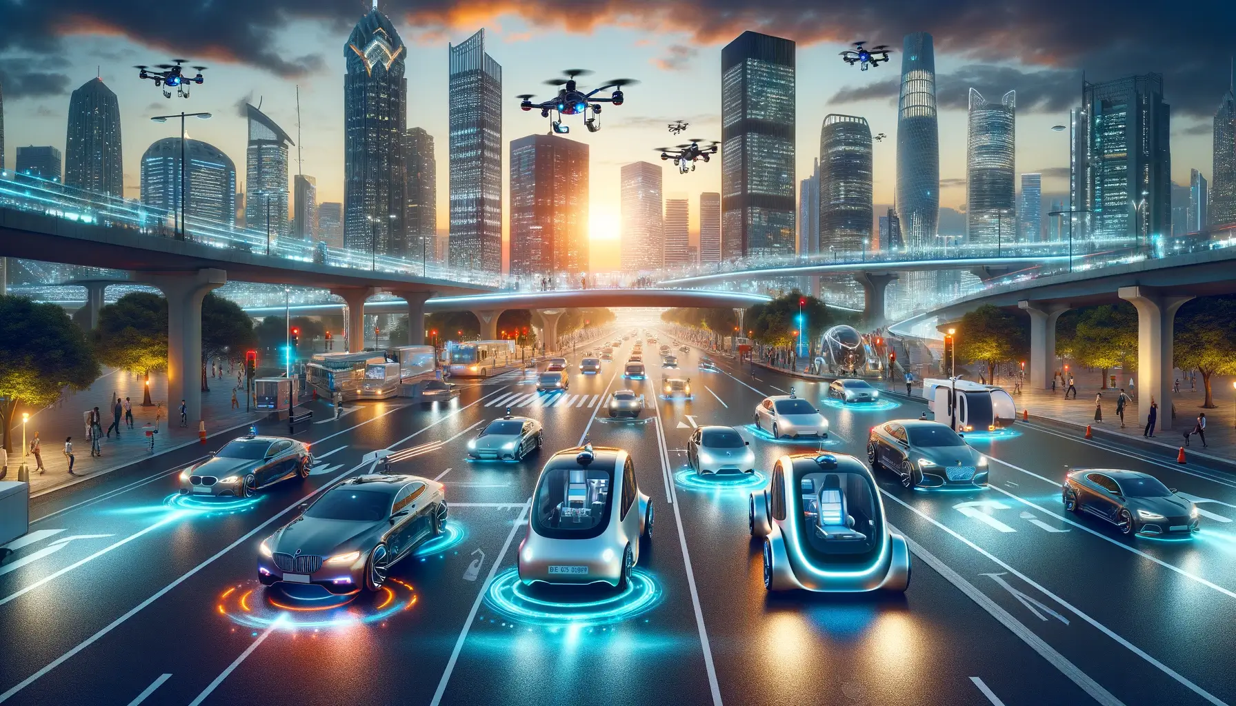 Futuristic cityscape at dusk with various autonomous vehicles and drones, showcasing illuminated smart technology on the streets and the seamless flow of traffic against a backdrop of modern skyscrapers.