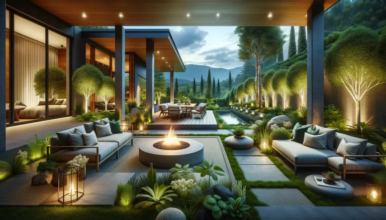 A serene and stylish outdoor living space with modern furniture, a central fire pit, and strategically placed lighting that accentuates lush greenery and a tranquil pool, all set against a backdrop of majestic mountains at dusk.