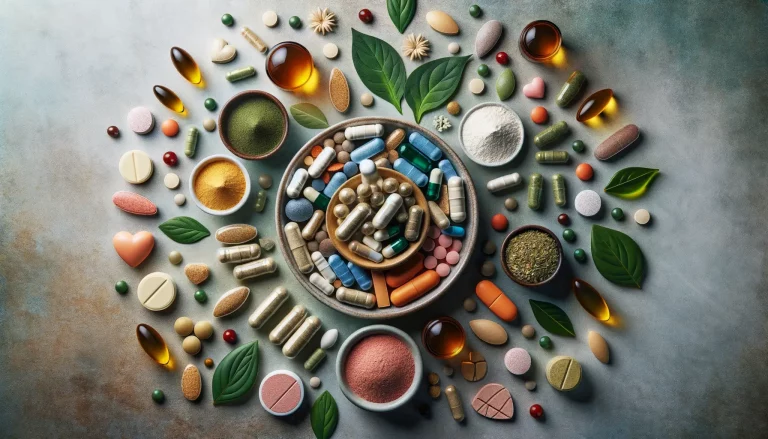 A diverse array of dietary supplements in various forms and colors, including tablets, capsules, powders, and herbs, artistically arranged around a bowl on a textured surface, signifying the wide range of options in nutritional supplementation.