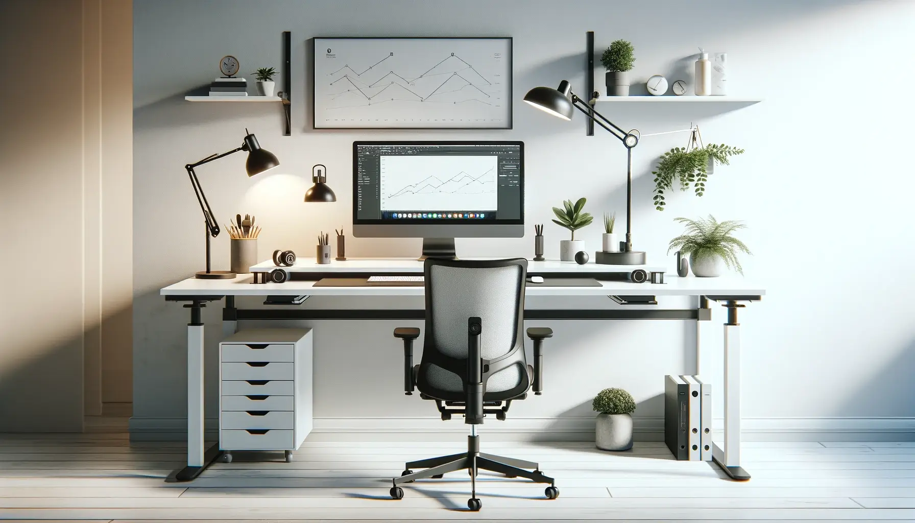 A minimalist ergonomic workspace with an adjustable standing desk, ergonomic chair, dual monitor setup, and tidy shelves adorned with plants, set against a soothing backdrop of neutral tones and natural light.