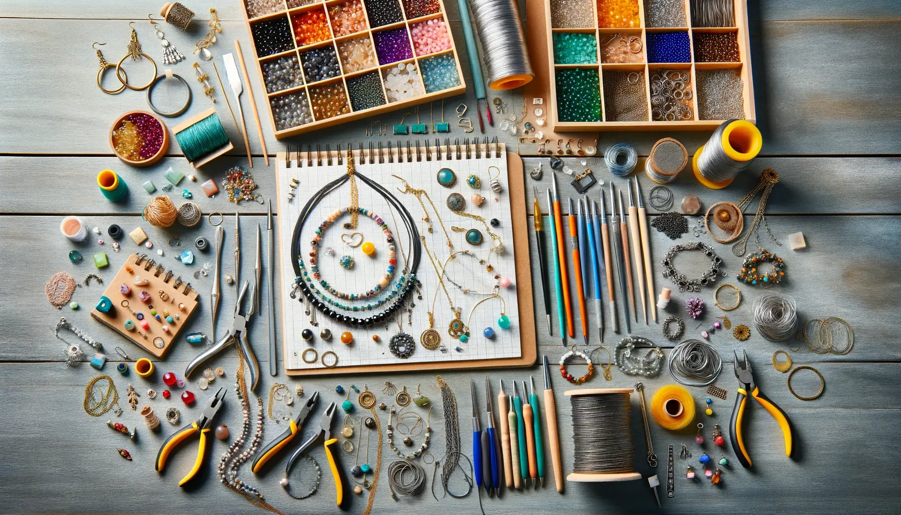Overhead view of a DIY jewelry-making setup with assorted beads, tools, and handcrafted pieces neatly arranged on a wooden surface, showcasing the variety and creativity involved in jewelry crafting.