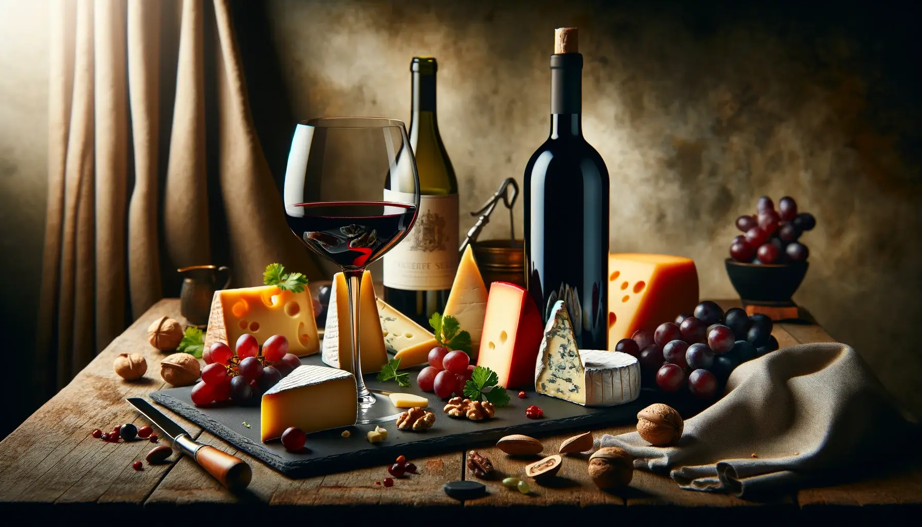 An elegant spread of gourmet cheeses, including Brie, Swiss, and blue cheese, alongside a glass and bottles of red wine, grapes, walnuts, and almonds on a rustic wooden table, bathed in warm, moody lighting.