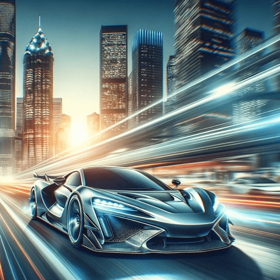High-speed supercar in motion on a city street, with blurred lights suggesting rapid movement, highlighting advanced automotive design and urban driving excitement.