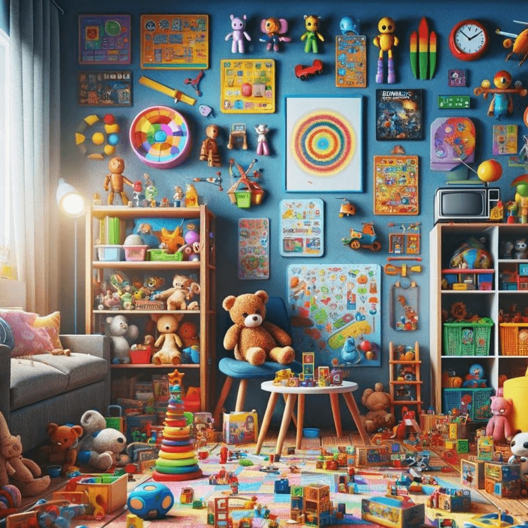 Colorful and lively children's playroom overflowing with toys and games, including stuffed animals, puzzles, and educational posters, reflecting a world of fun and learning.