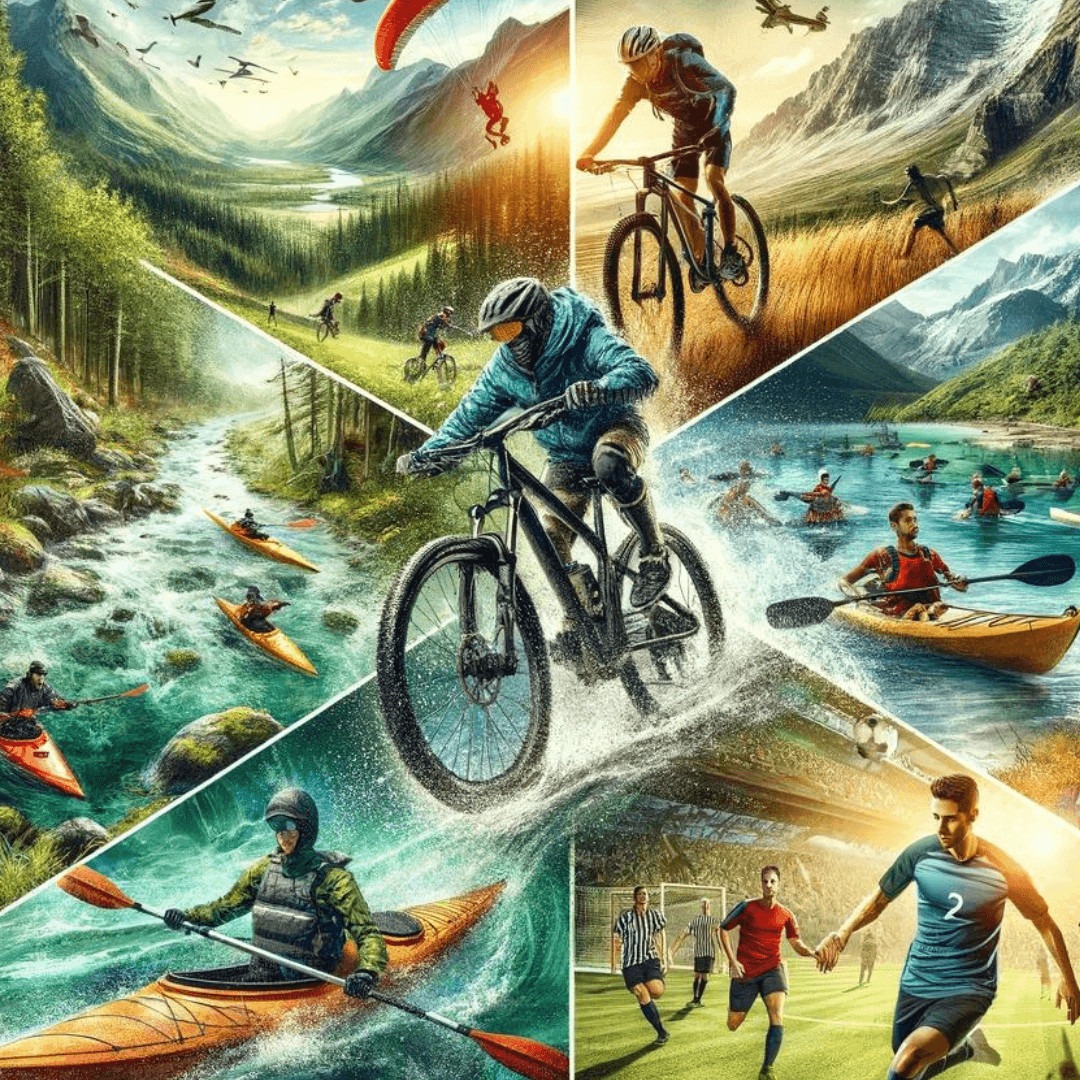 Dynamic collage of outdoor and sports activities, featuring mountain biking, kayaking, soccer, and paragliding in various nature settings, capturing the essence of adventure and athleticism.