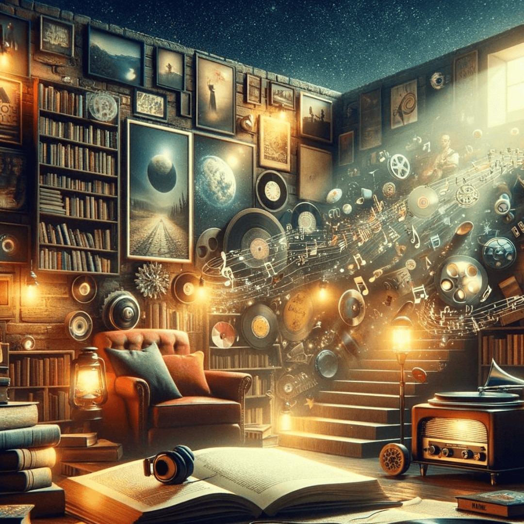Enchanting home library with swirling musical notes and cosmic imagery, featuring books, vinyl records, and a vintage gramophone, embodying a fusion of literature, music, and film.