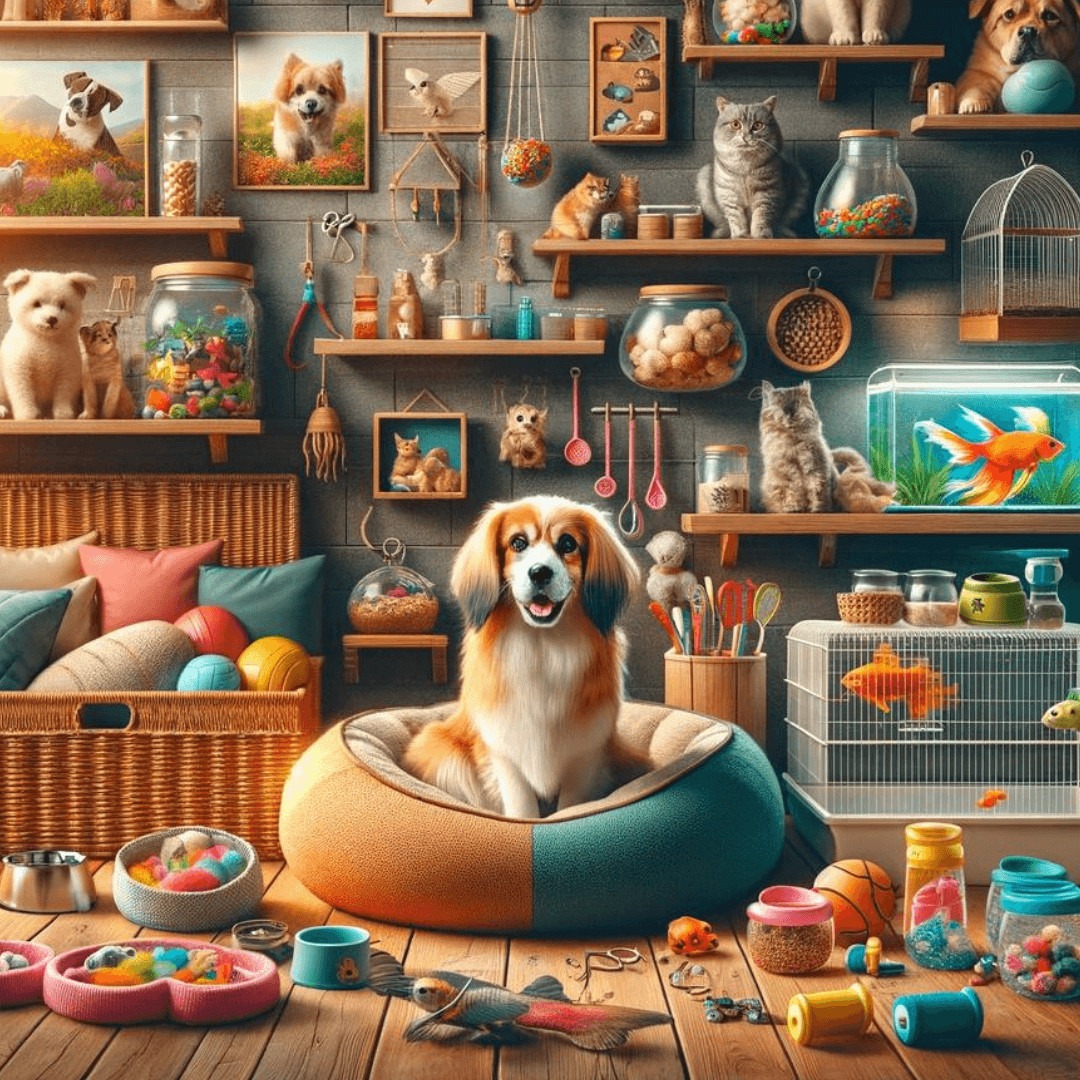 A cheerful dog surrounded by an assortment of pet supplies, including toys, food bowls, and fish tanks, in a cozy room full of pet-friendly accessories.