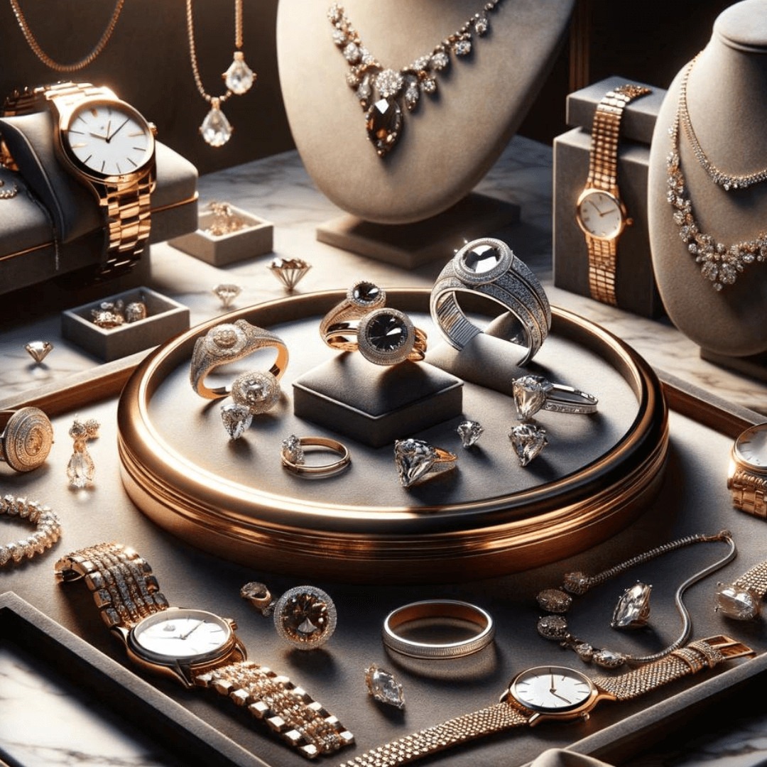 Exquisite collection of jewelry and watches, featuring diamond rings, elegant necklaces, and luxury timepieces, displayed on a plush setting for a page on fine accessories.