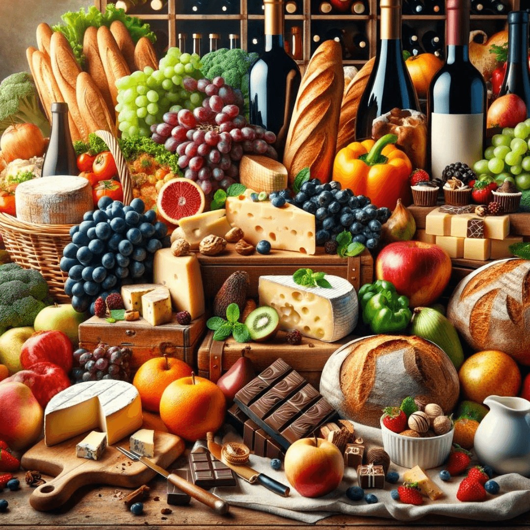 Lavish spread of gourmet foods with an array of cheeses, fresh fruits, bread, chocolate, and fine wines, epitomizing a luxurious grocery selection.