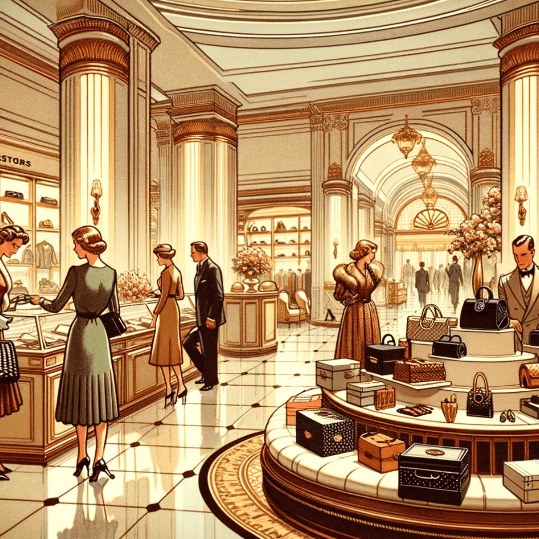 Vintage-style illustration of elegant shopping experience at Neiman Marcus.