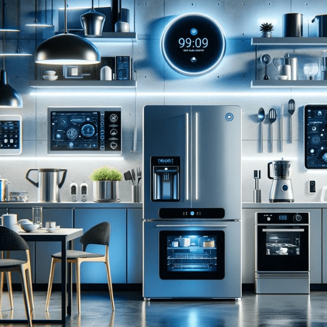 Modern kitchen with state-of-the-art electronics and appliances, including a stainless steel smart refrigerator, oven, and digital wall clock, illuminated in a cool blue tone for a sleek look.